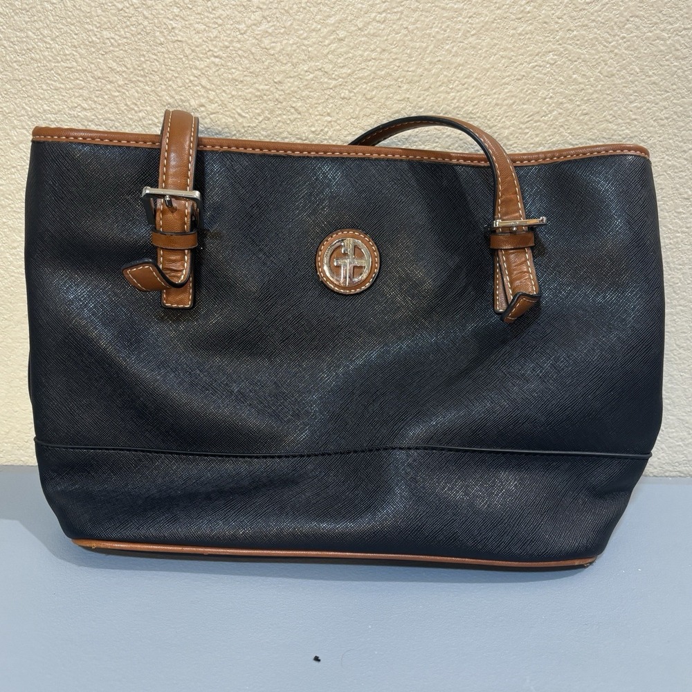 Giani Bernini saffiano Black Brown Leather Trim Medium Tote Bag Handbag Purse